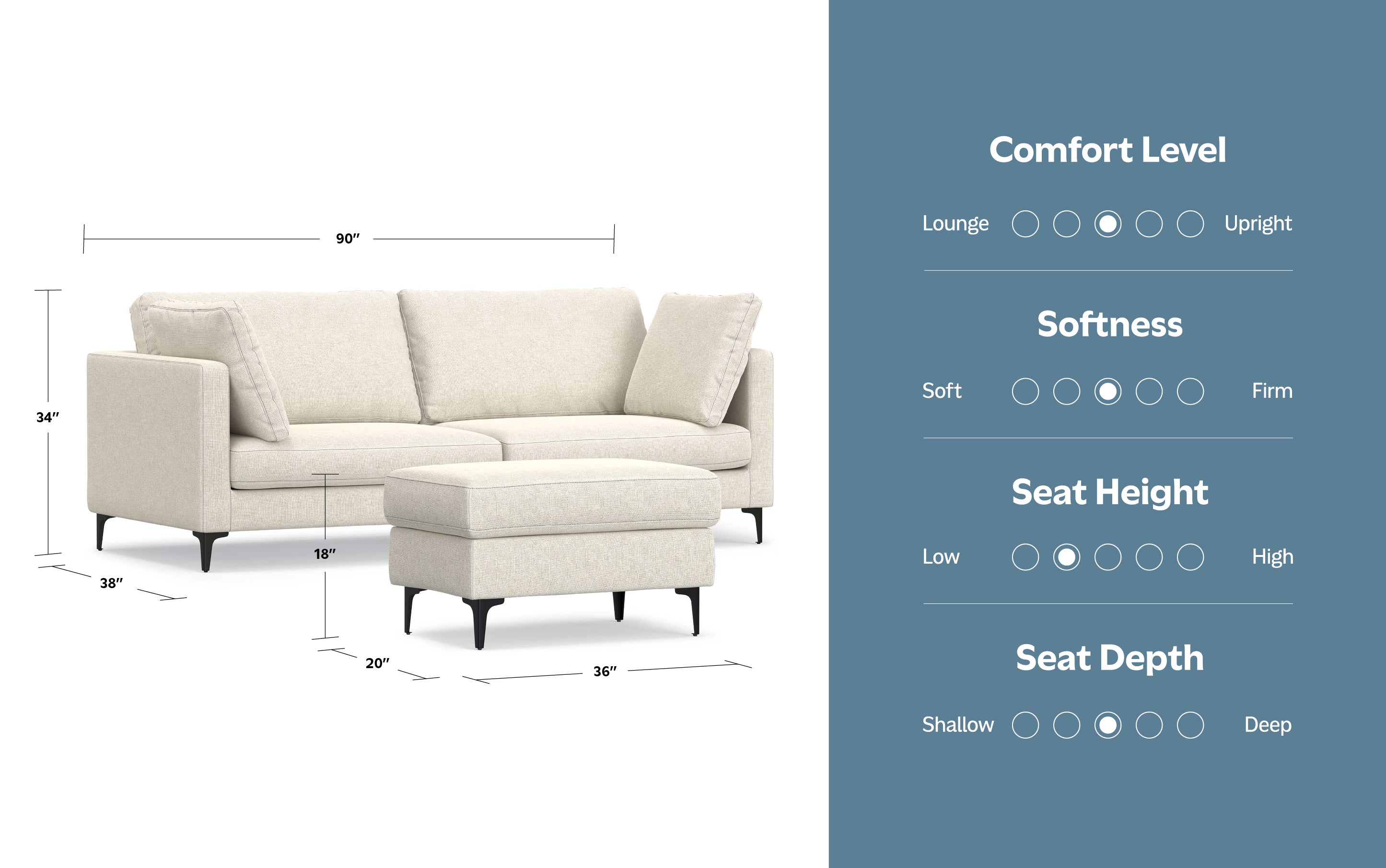 Ava 90 inch Mid Century Sofa with Ottoman Set