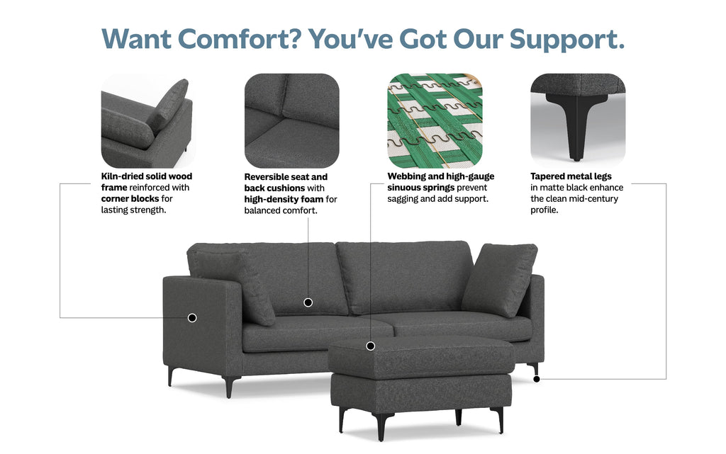 Ava 90 inch Mid Century Sofa with Ottoman Set