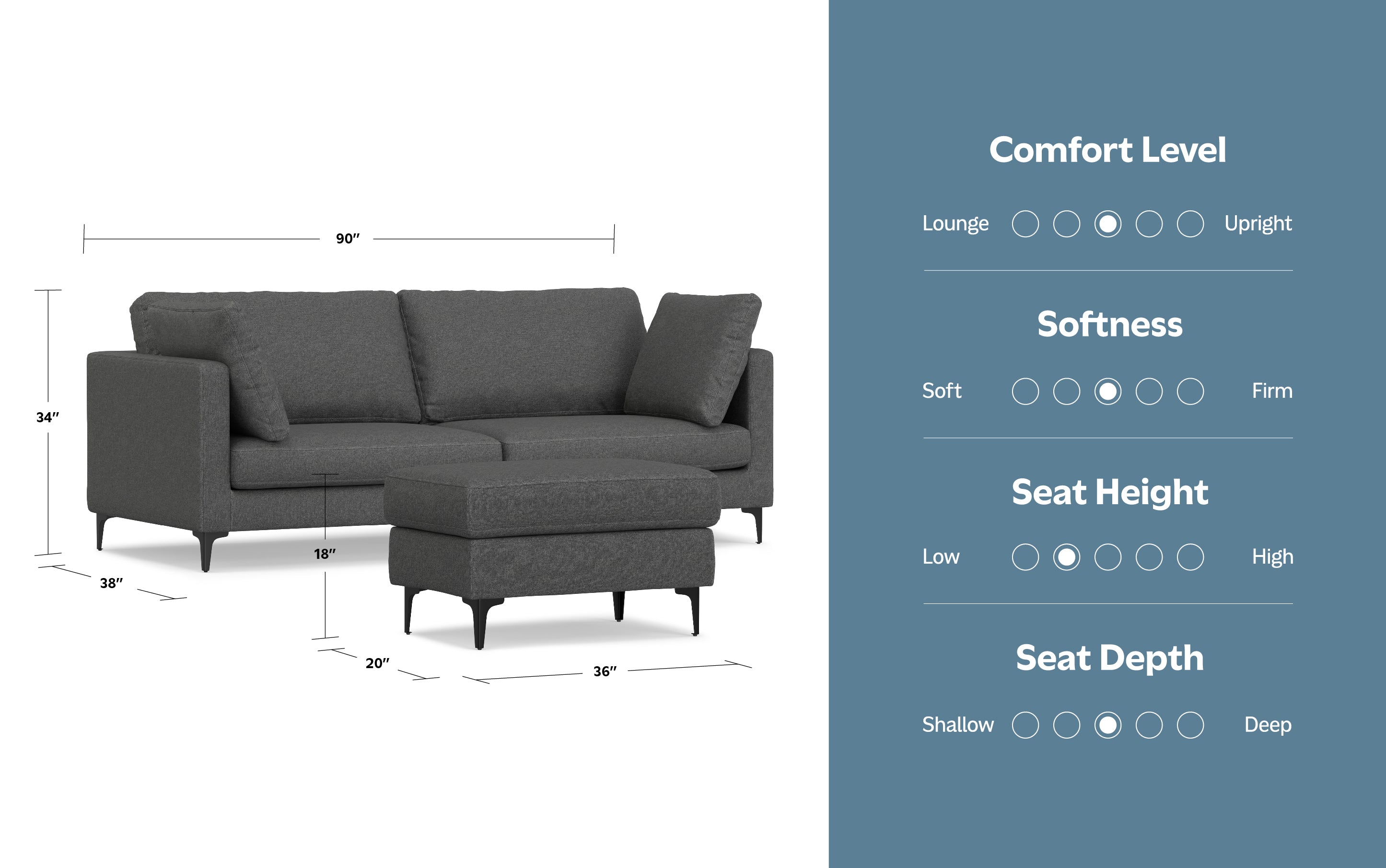 Ava 90 inch Mid Century Sofa with Ottoman Set