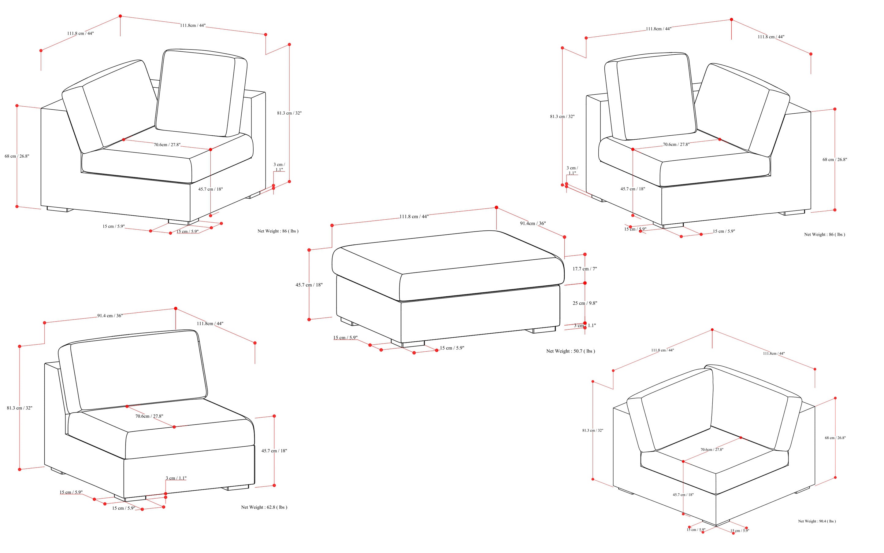 Jasmine Corner Sectional Sofa and Ottoman