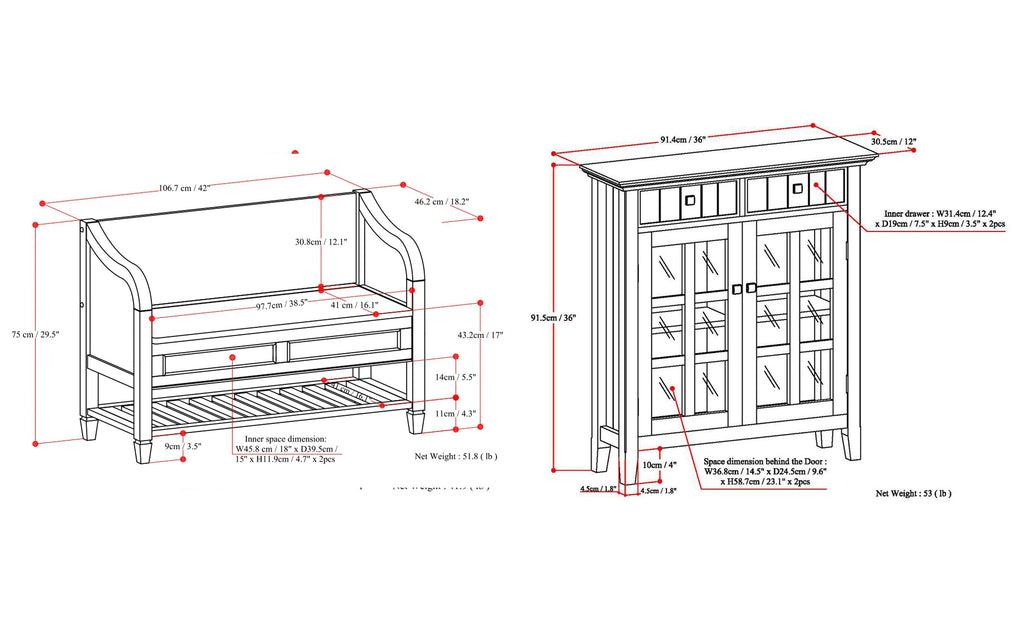 Connaught 42-inch Storage Bench with Shelf and 40-inch Cabinet