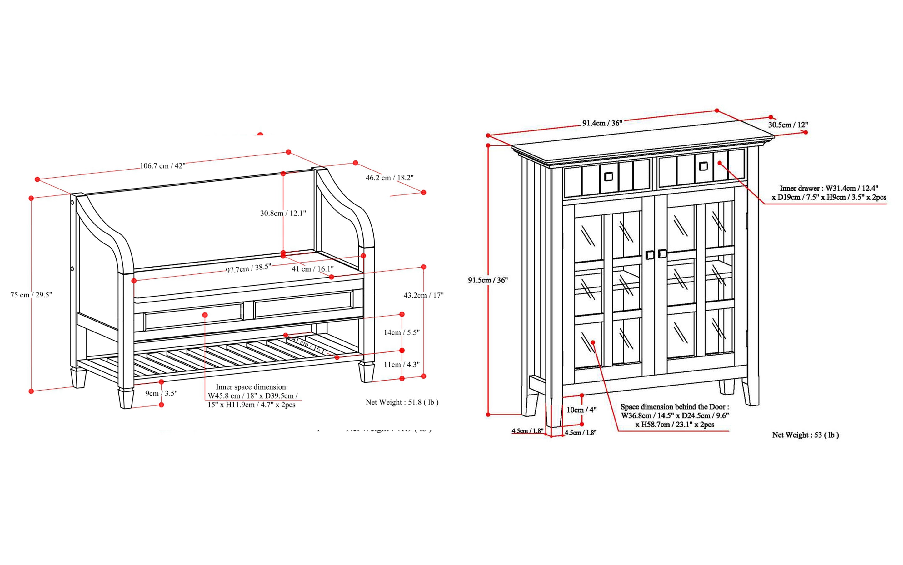 Connaught 42-inch Storage Bench with Shelf and 40-inch Cabinet