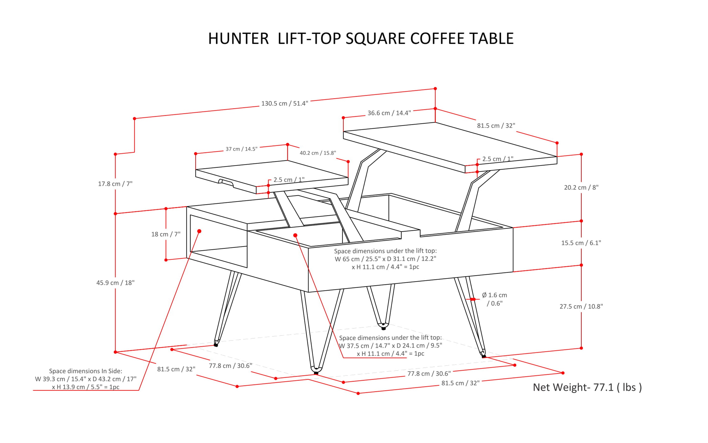 Hunter Lift Top Square Coffee Table in Mango