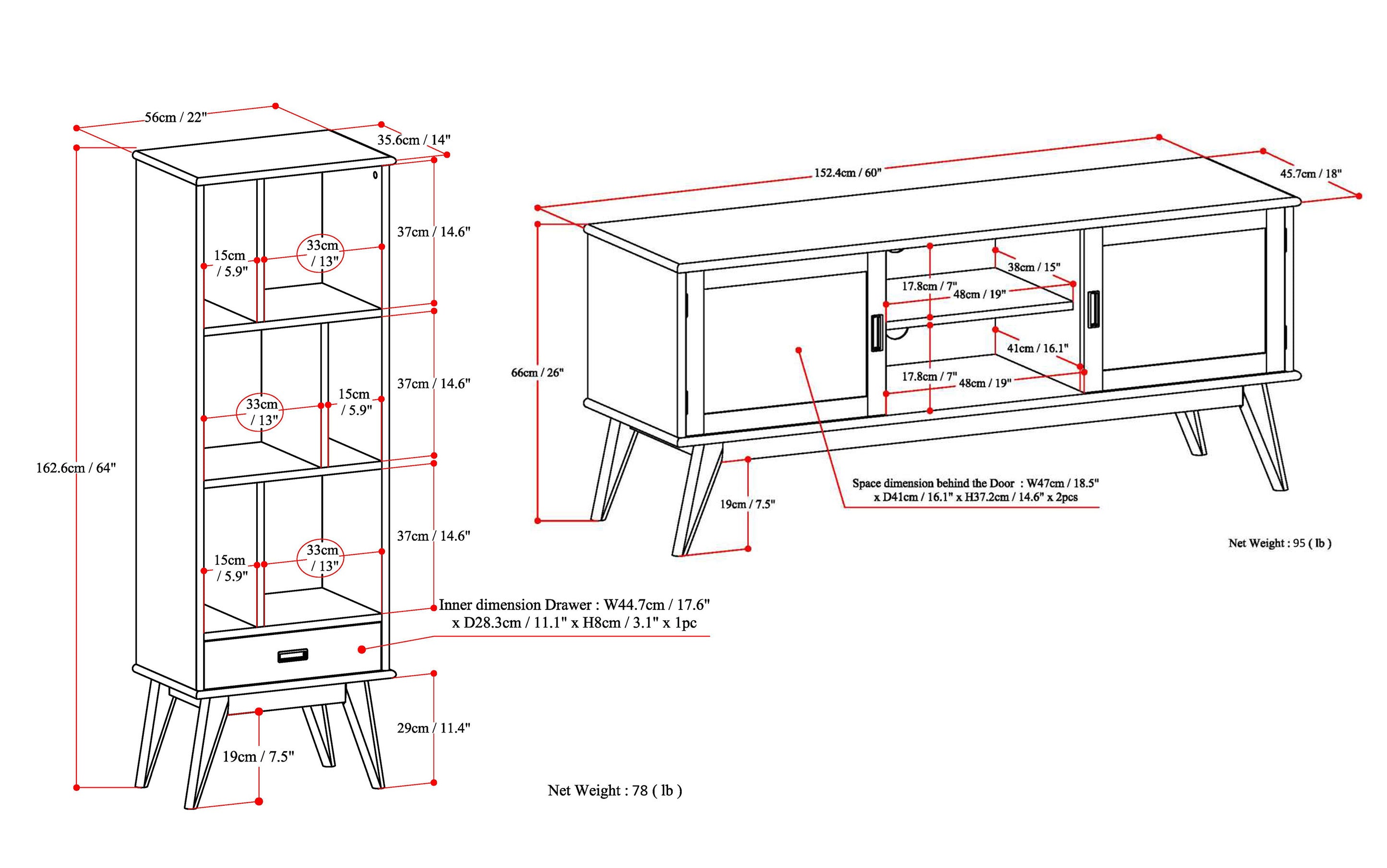 Draper 60 inch TV Stand with 22 inch Bookcases (Set of 3)