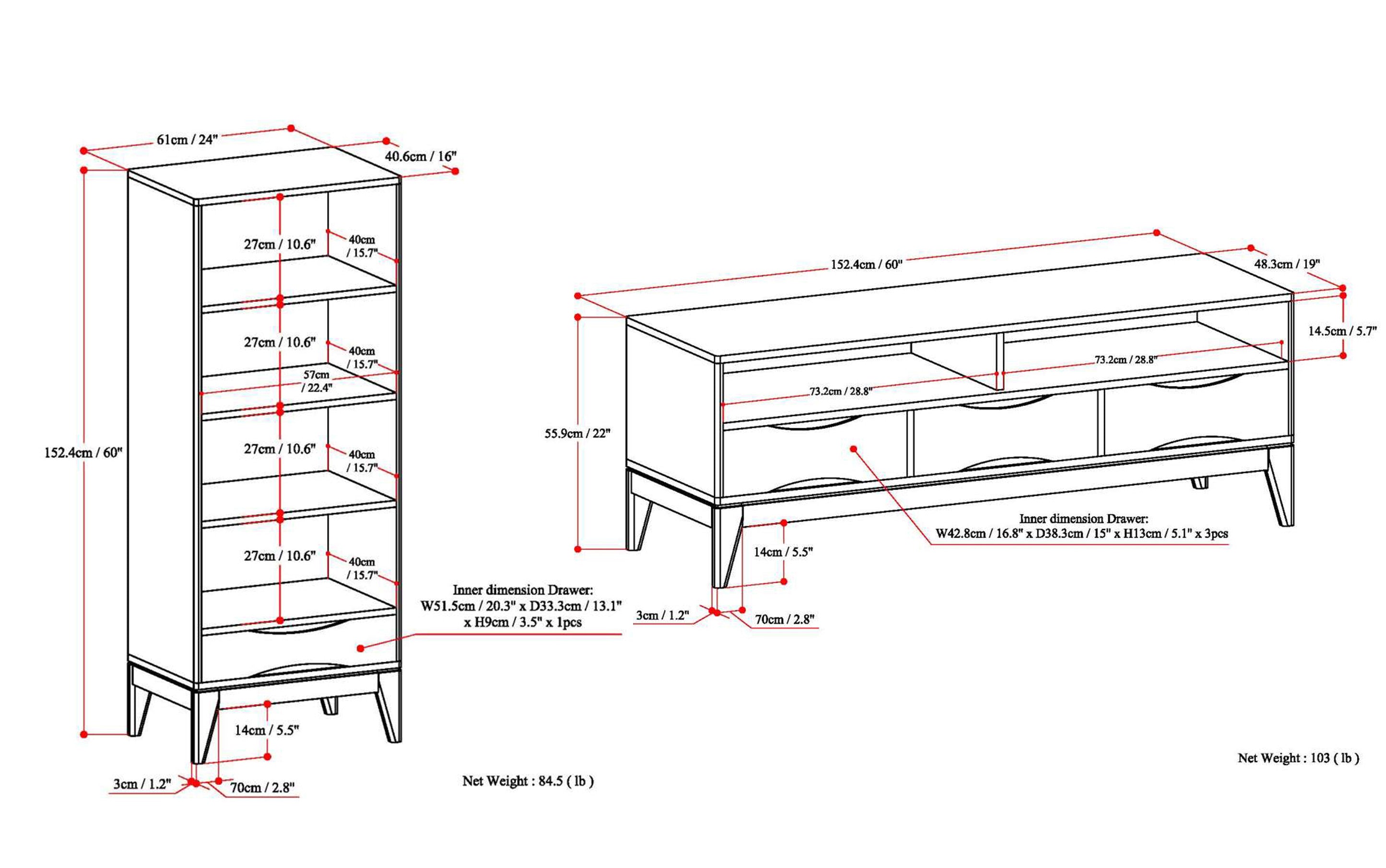 Harper 60 inch TV Stand with 24 inch Bookcases (Set of 3)