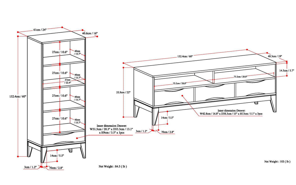Harper 60 inch TV Stand with 24 inch Bookcases (Set of 3)
