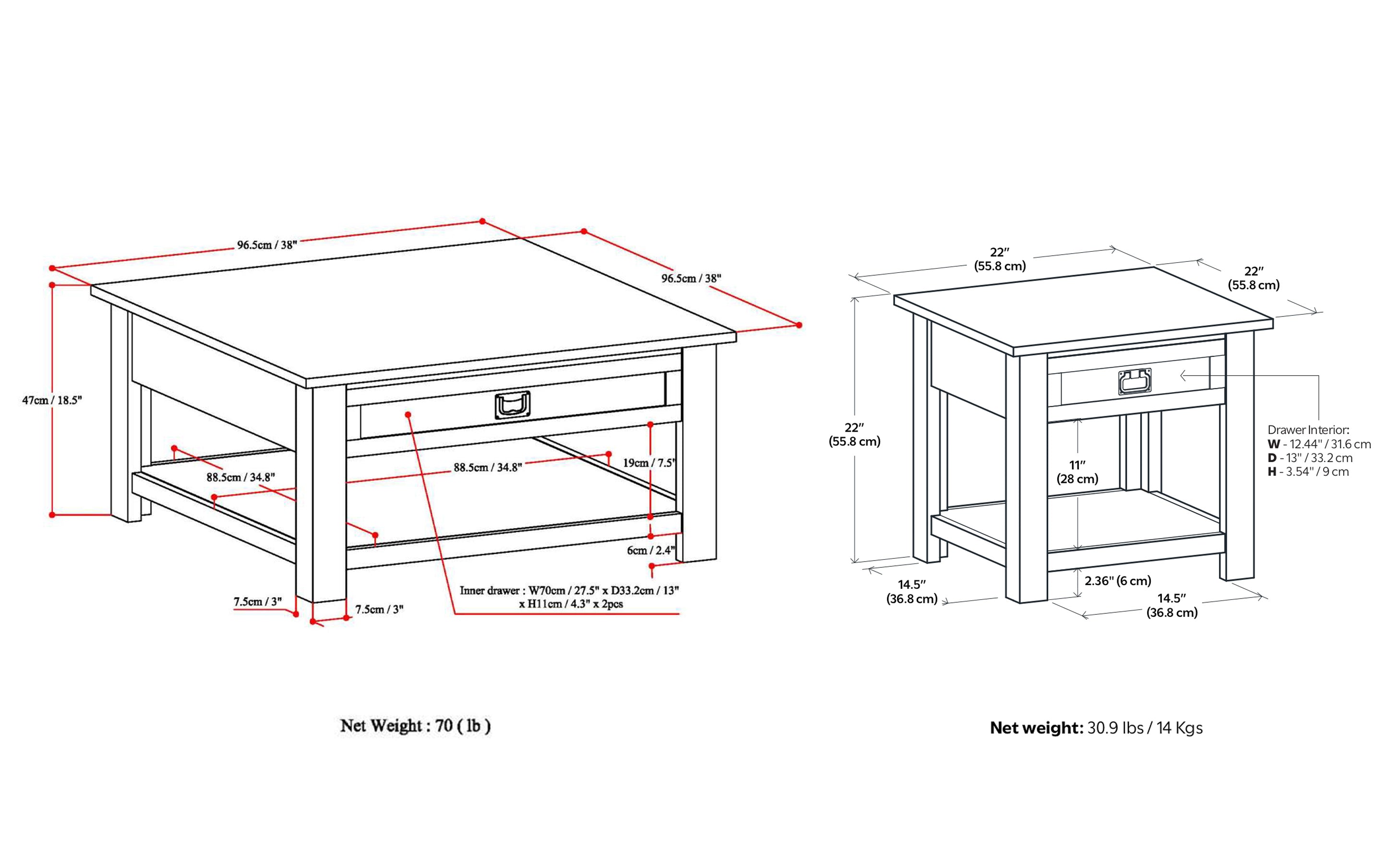 Monroe 38 inch Coffee Table with 22 inch End Tables (Set of 3)