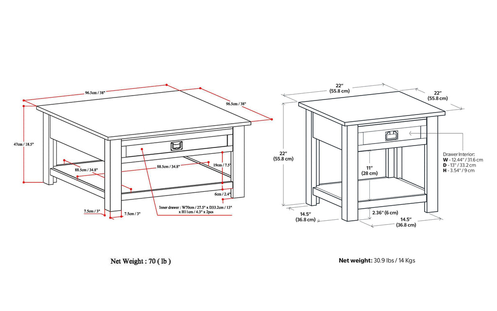 Monroe 38 inch Coffee Table with 22 inch End Tables (Set of 3)