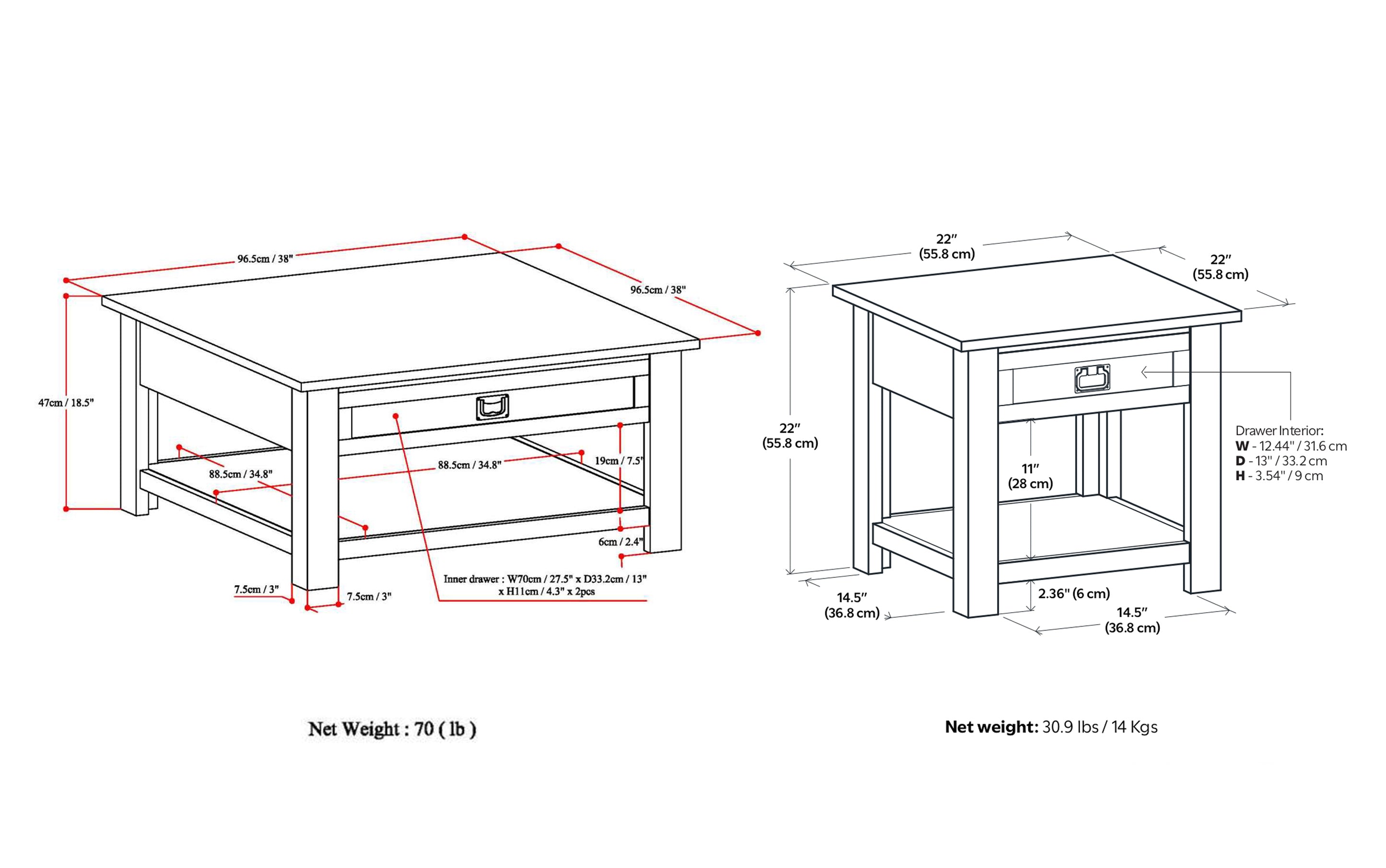 Monroe 38 inch Coffee Table with 22 inch End Tables (Set of 3)